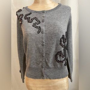 Anthropologie Karen Nicol grey cardigan w/black & pink ribbon XL